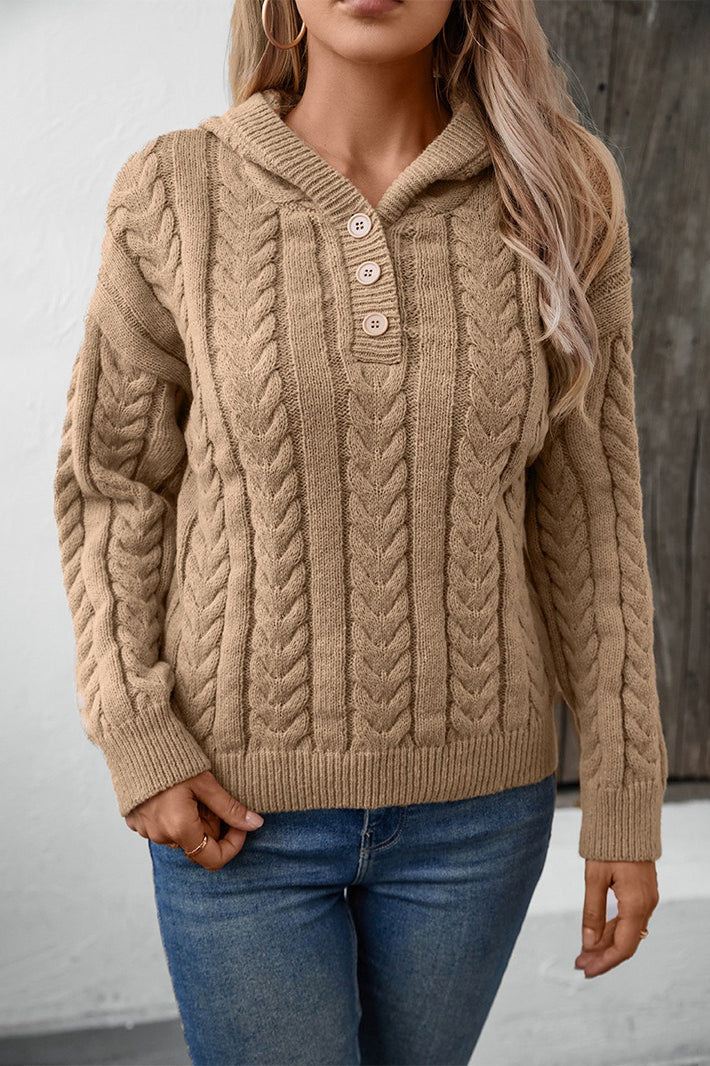 Color Button-front Hooded Thick Warm Sweater