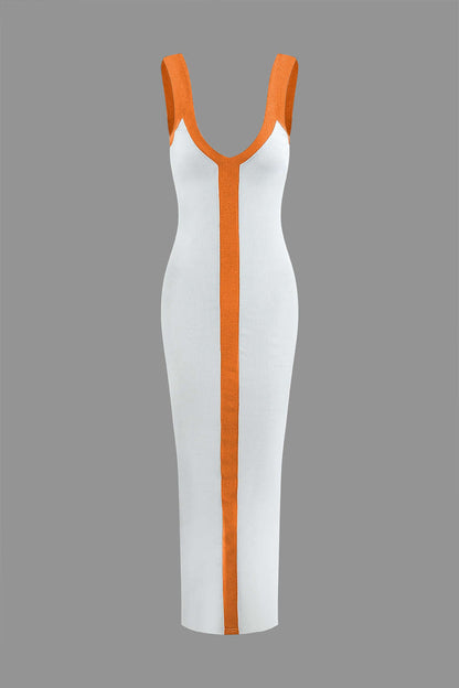 Colorblock V Neck Knit Slim Split Maxi Dress