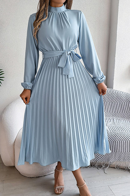 Stand-collar Long-sleeve Waisted Tie-up Pleated Midi Dress