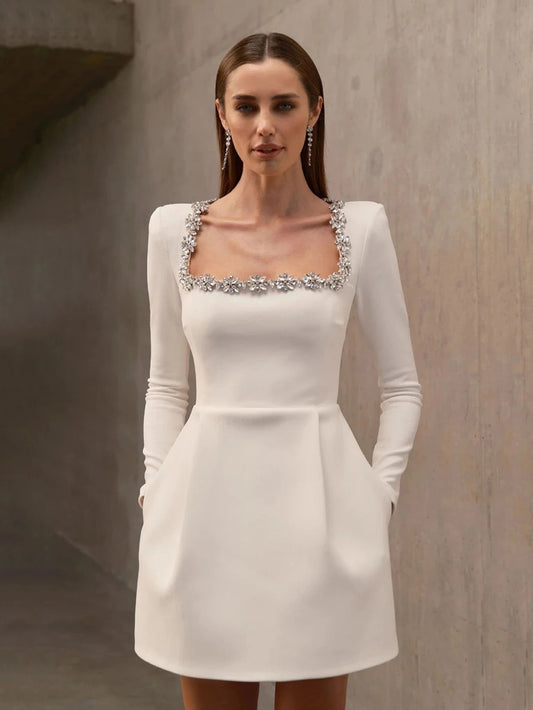 Alexia Square Collar Rhinestone Trim Mini Dress