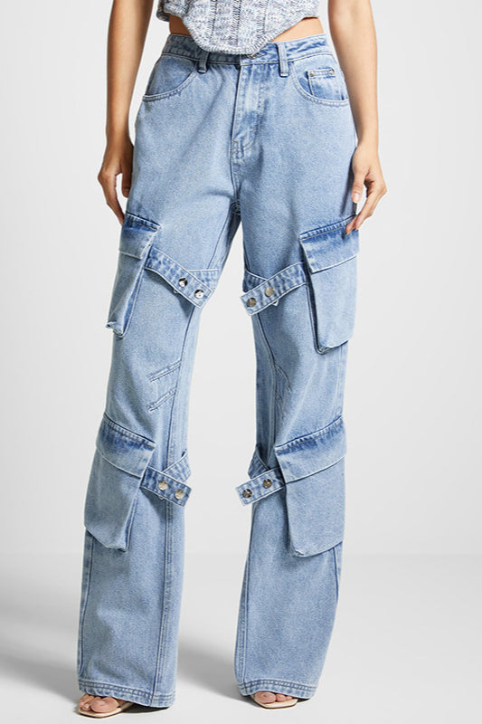 High Waist Pocket Detail Straight Leg Cargo Pant