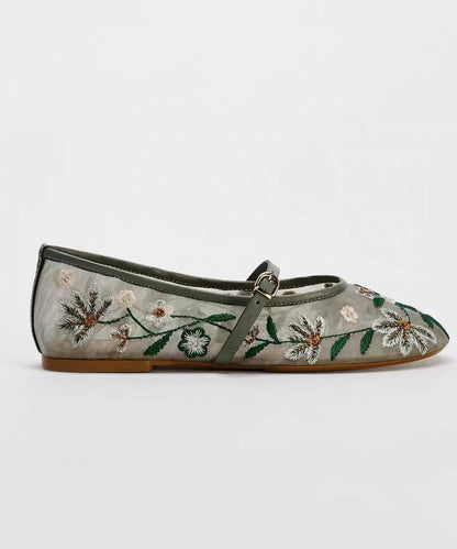 Splicing Flat Shoes Green Breathable Mesh Embroidered