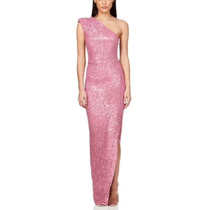 One Shoulder High Waist Slit Evening Dress Sequin Sleeveless Party Dresses New Slim Long Dresses for