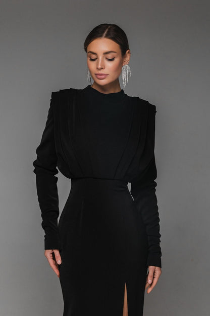 Stand Collar Long Sleeve Pleated Waist Split Maxi Dress