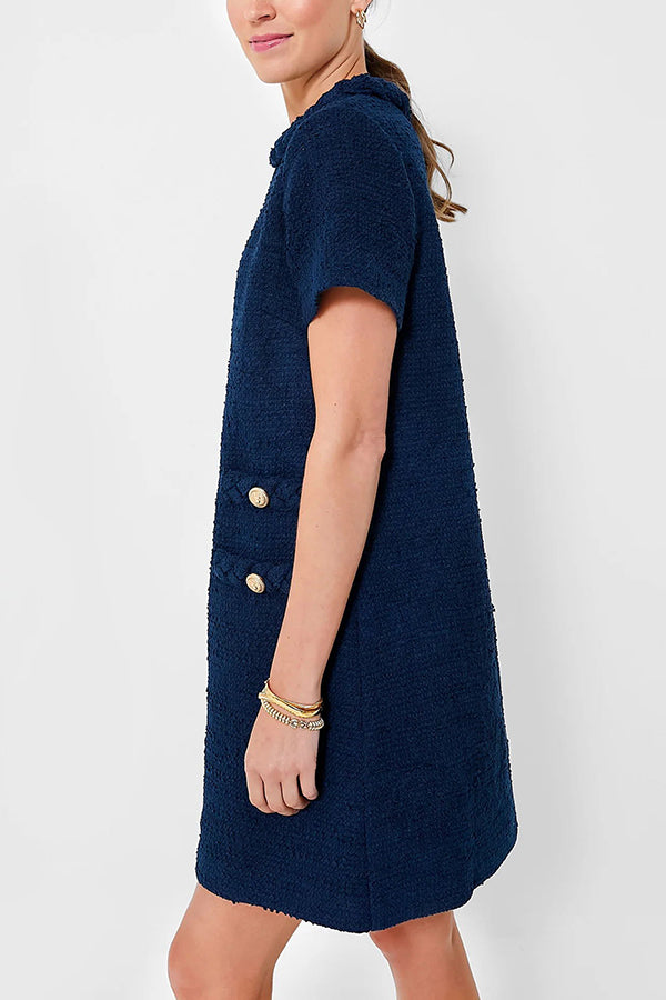 Confident and Tweed Fabric Braided Trim Button Shift Mini Dress