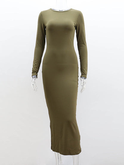 Bodycon Long Sleeves Color Split-joint Round-neck Maxi Dresses