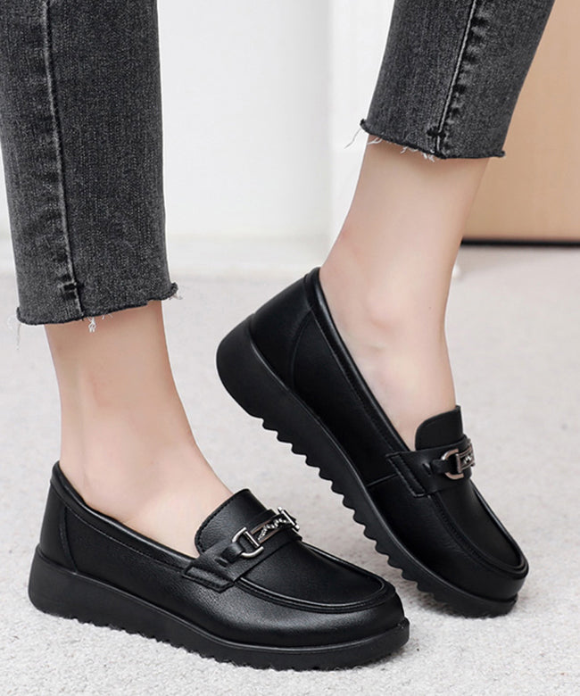 Black Cowhide Leather Splicing Flat Feet Shoes