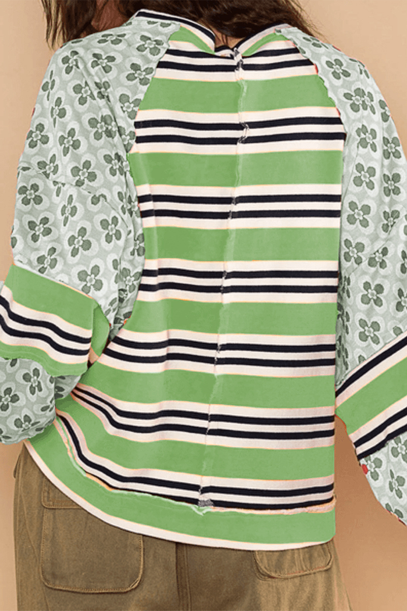 Striped Print Flowers Contrast O Neck Hoodies