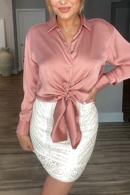 Switch Styles at Will Satin Botton Up Long Sleeve Relaxed Blouse