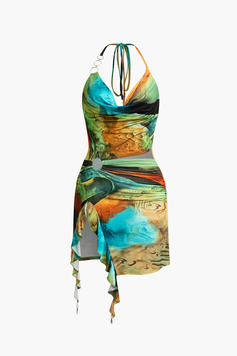 Abstract Print Halter Cowl Neck Slit Mini Dress With Tie Up