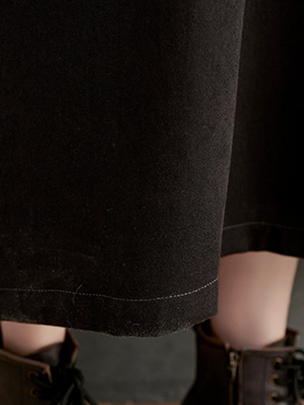 Long Sleeves Loose Buttoned Contrast Color Split-joint Lapel Collar Midi Dresses