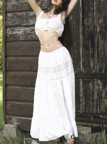 ‘s 2 Piece Sets Bandage Sleeveless Crop Top See Through Lace Up a Line Maxi Dress Holiday Party Lady Outfits