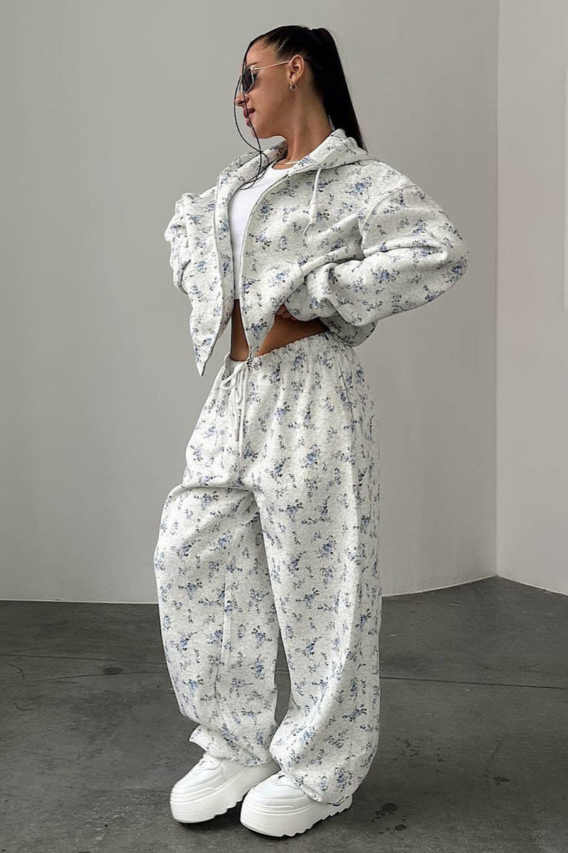 Cropped Zip Hoodie Drawstring Wide-leg Pants Two Piece Set