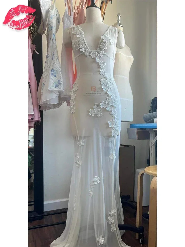 Mesh See-through Maxi Dress Slim High Split Summer Party Dress Gown Backless V-neck Female Halter Dress