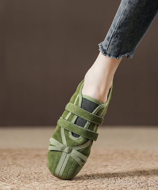 Green Suede Buckle Strap Splicing Flat Shoes for