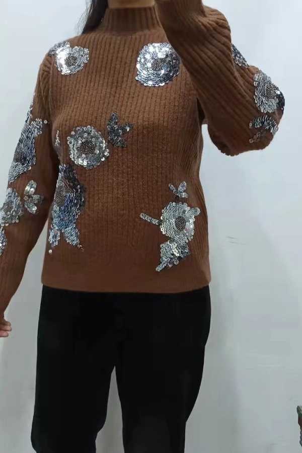 Turtleneck Loose-fitting Sequined Pattern Long Sleeve Knitted Sweater