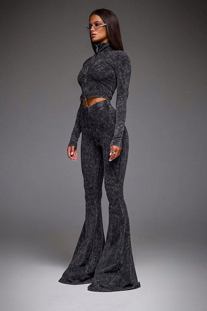 Zip Front Crop Top Flared Pants Set