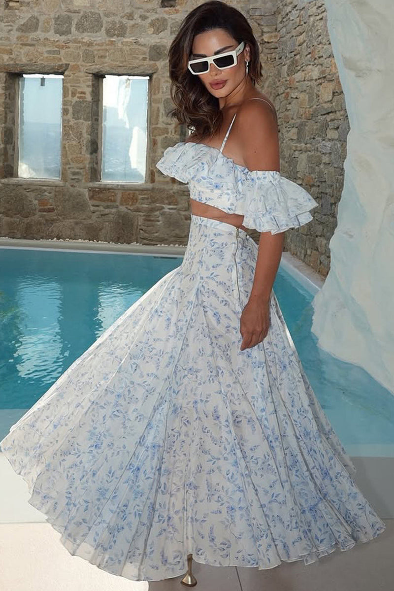 Off Shoulder Ruffled Camisole Maxi Dress Two Piece Set
