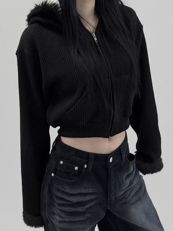 Y2k Black Versatile Color Corduroy Plush Cardigan