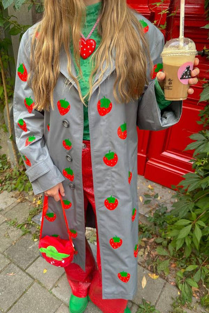 Fruit Print Long Coat Cherry Trench Coat