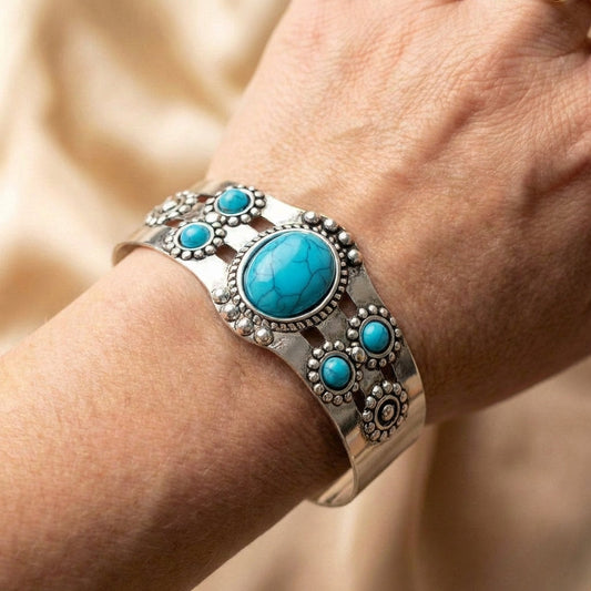 Vintage Silver Turquoise Open Adjustable Bracelet