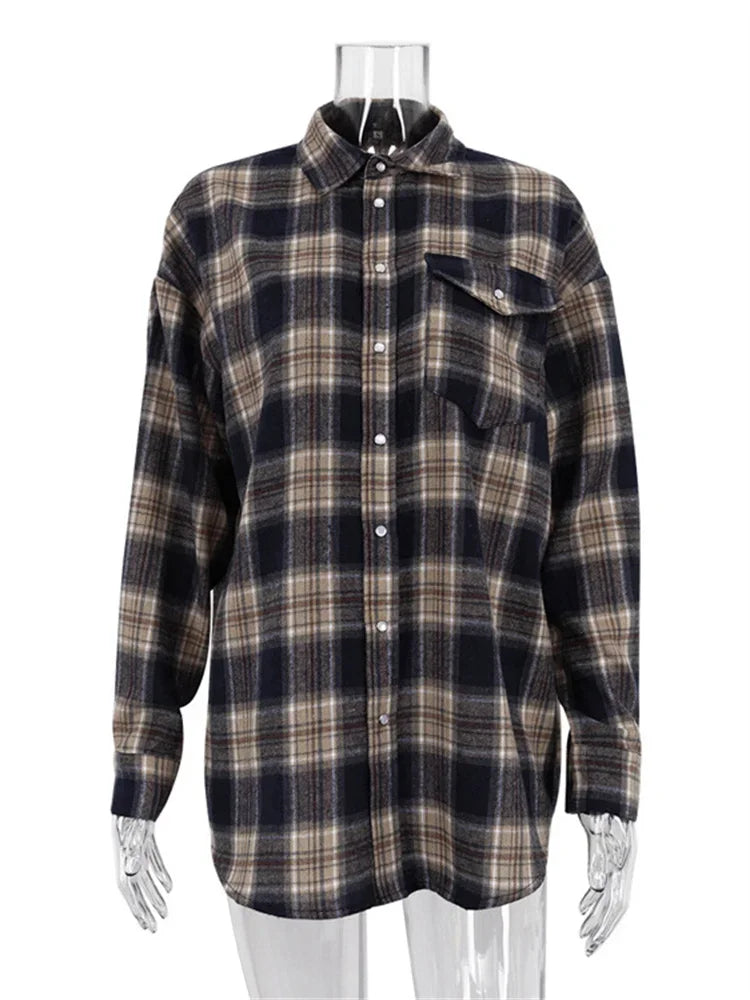 Lapel Autumn Shirts Outwear Contrast Long Sleeve Patchwork Coat Cardigan Female Shirts