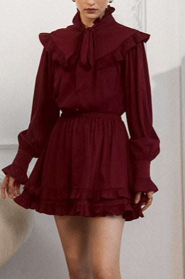 Bow Tie Lace Up Long Sleeve a Line Mini Dress