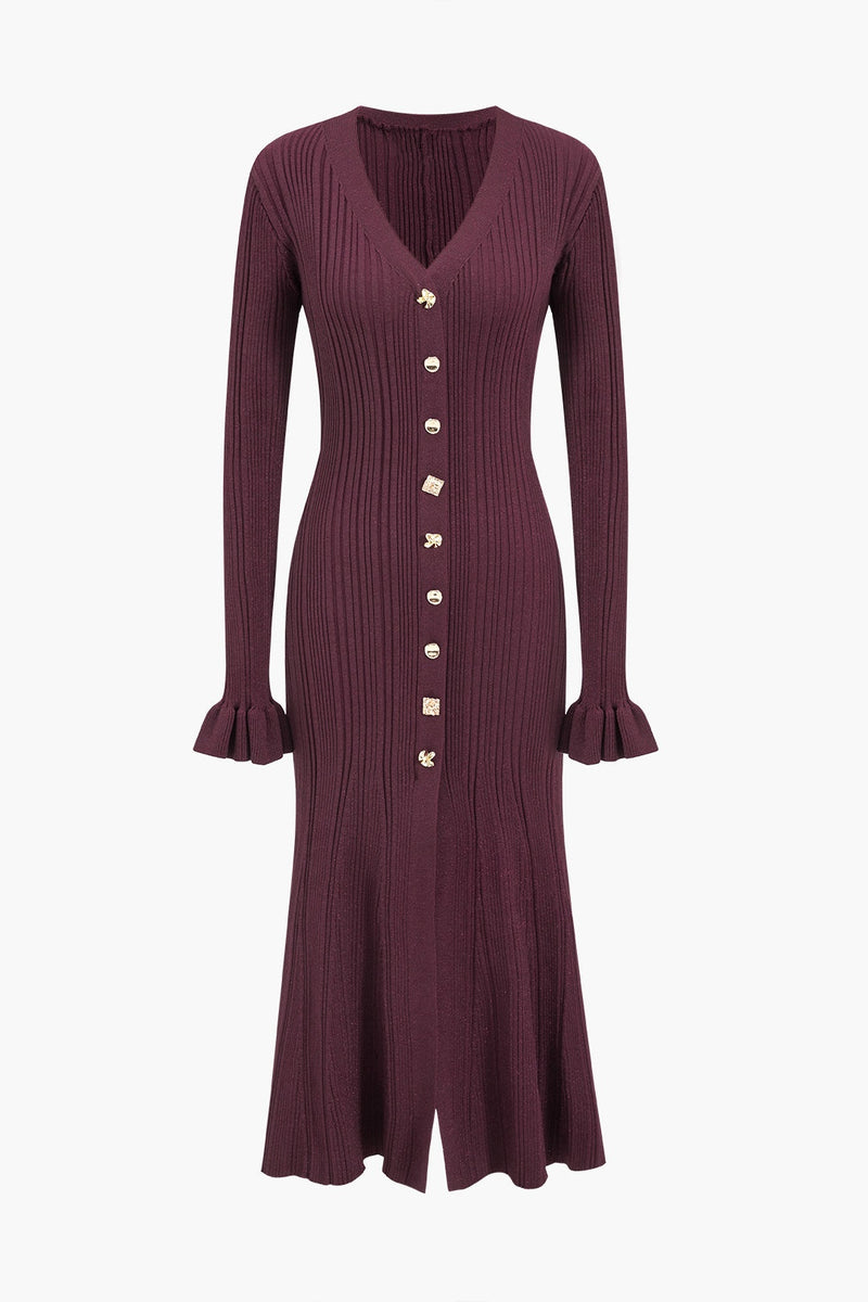Bernice V-neck Flare Cuffs Knit Midi Dress