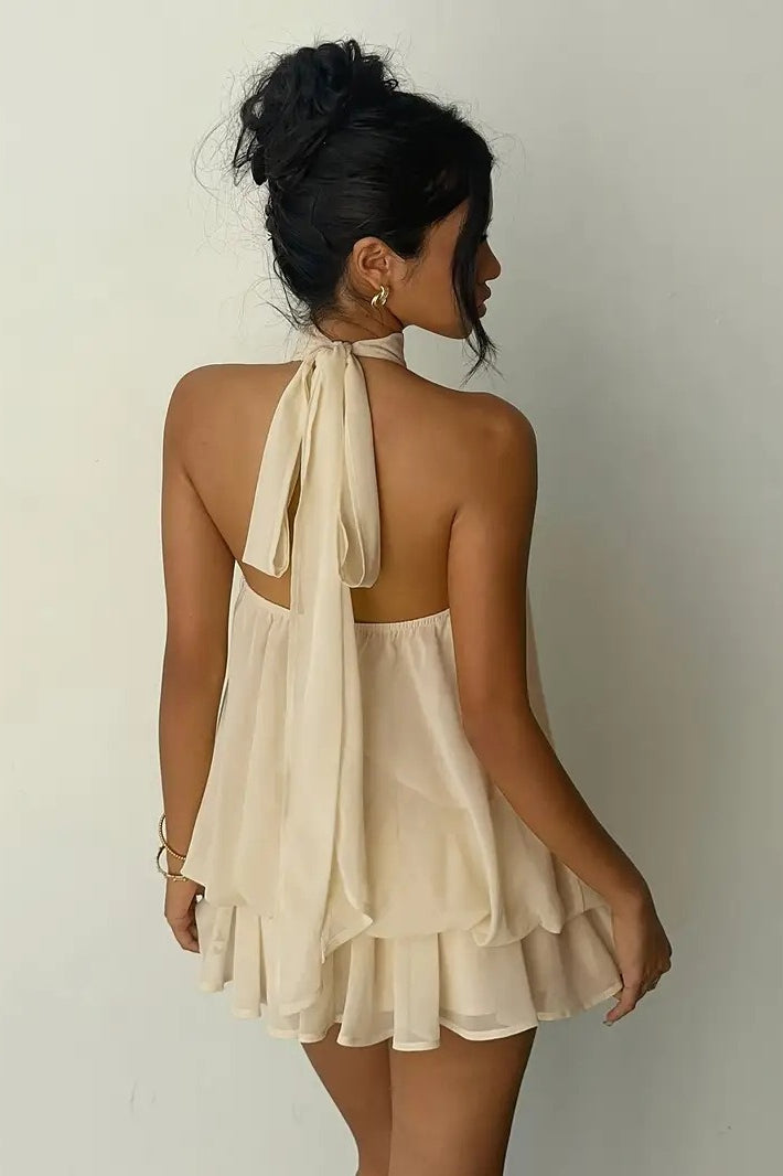 Backless Halter Tie Waist Slim Fit Ruffled Mini Dress