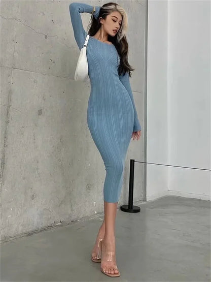 Autumn Slim Long Dress Female Knitwear Slim High Waist Patchwork Long Sleeve Party Dress Knit Dress