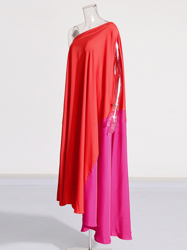 High Waisted Loose Asymmetric Contrast Color Split-joint One-shoulder Maxi Dresses