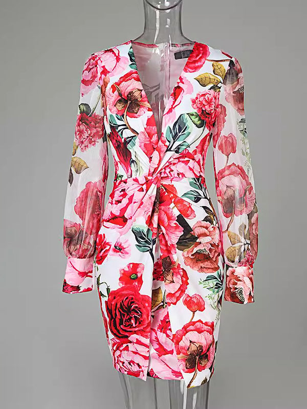 Bodycon Long Sleeves Flower Print Knot Mesh Split-joint Deep V-neck Mini Dresses