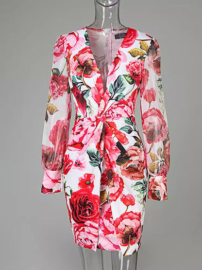 Bodycon Long Sleeves Flower Print Knot Mesh Split-joint Deep V-neck Mini Dresses