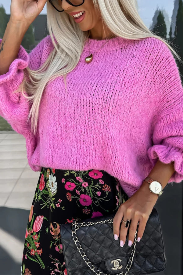 Color Round Neck Ruffled Long Sleeve Knitted Sweater