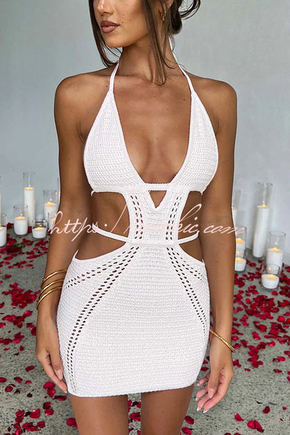 Effortlessly Cool and Knit Crochet Cutout Halter Tie-up Stretch Mini Dress