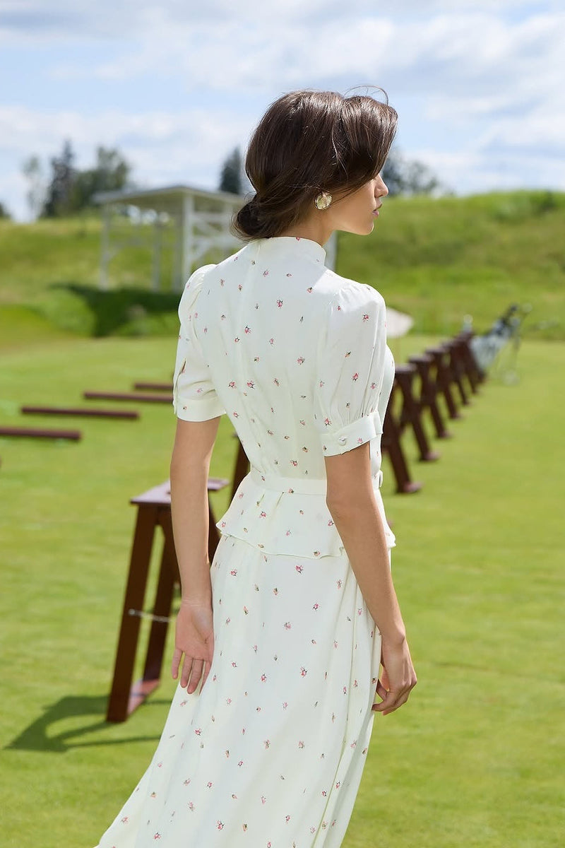 Puff Sleeve Stand Collar Waist Cinch Two Piece Set