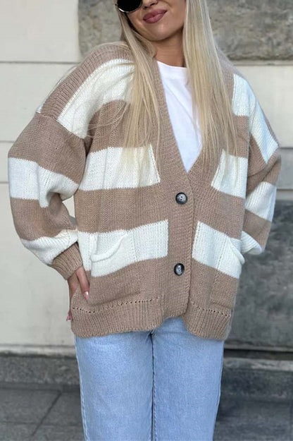 V-neck Long-sleeved Striped Pocket Knitted Cardigan