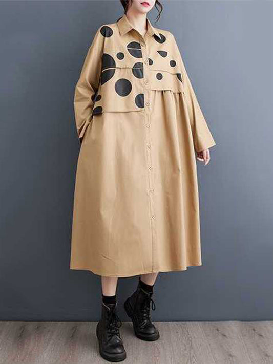 A-line Long Sleeves Asymmetric Buttoned Polka Dot Split-joint Lapel Midi Dresses