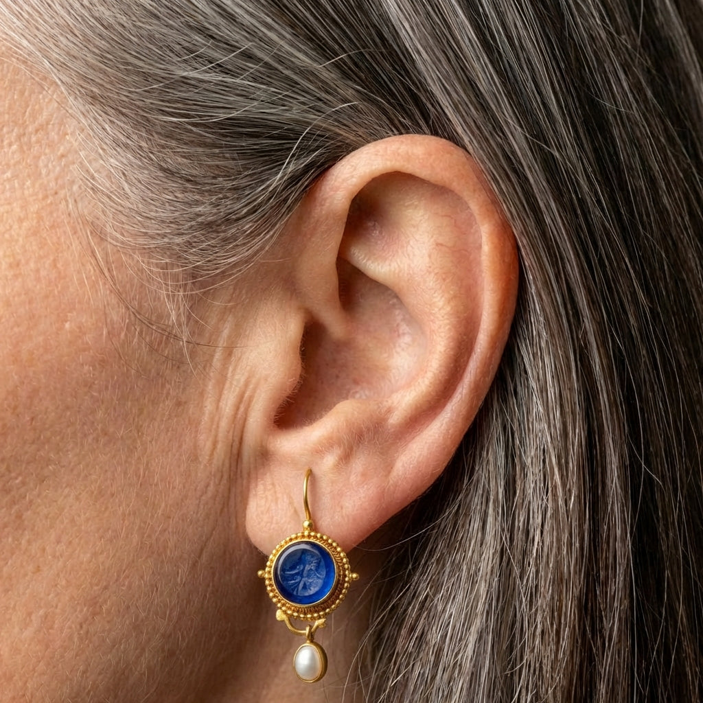 Vintage Blue Pearl Gold Earrings