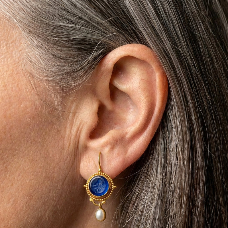 Vintage Blue Pearl Gold Earrings