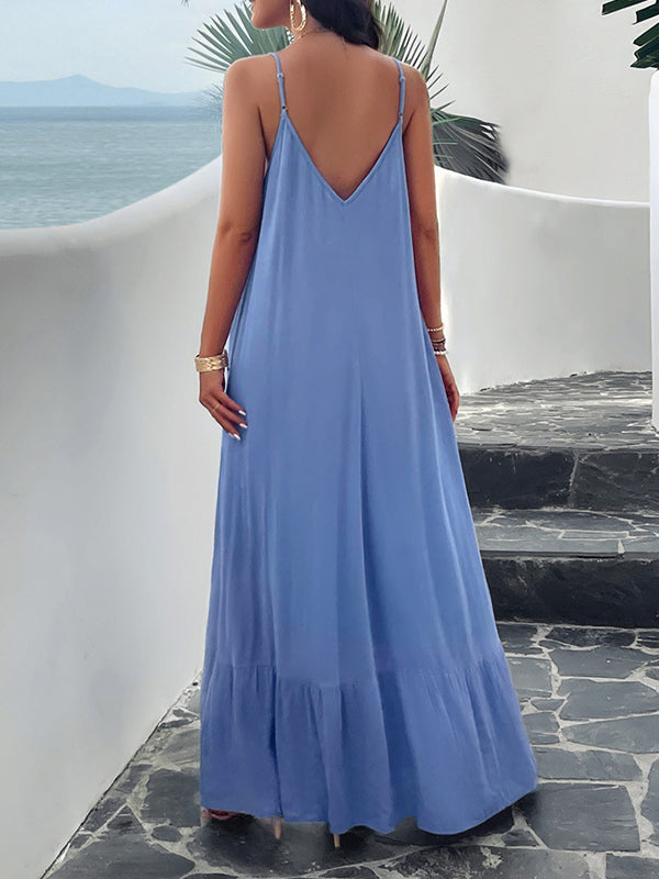 Loose Sleeveless Pleated Color Split-joint Spaghetti-neck Maxi Dresses