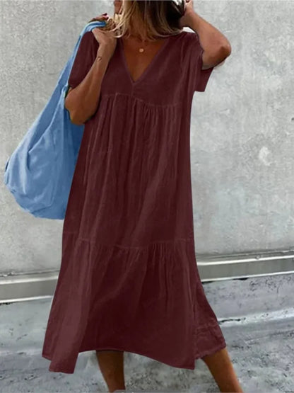 Color Cotton Linen Midi Dresses V-neck Short Sleeves Loose Dress Simple Style Lady Commuting Vestidos