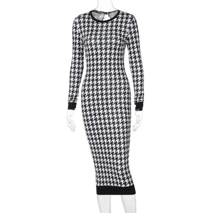 Houndstooth Print Long Sleeve Midi Dress Hollow Out Bodycon Autumn Winter Club Slim