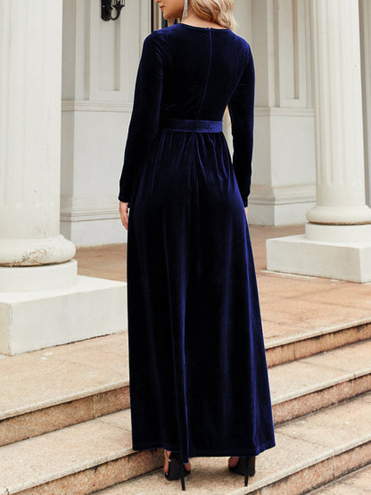 Long Sleeves Wrap Belted Pleated Color Zipper Round-neck Maxi Dresses