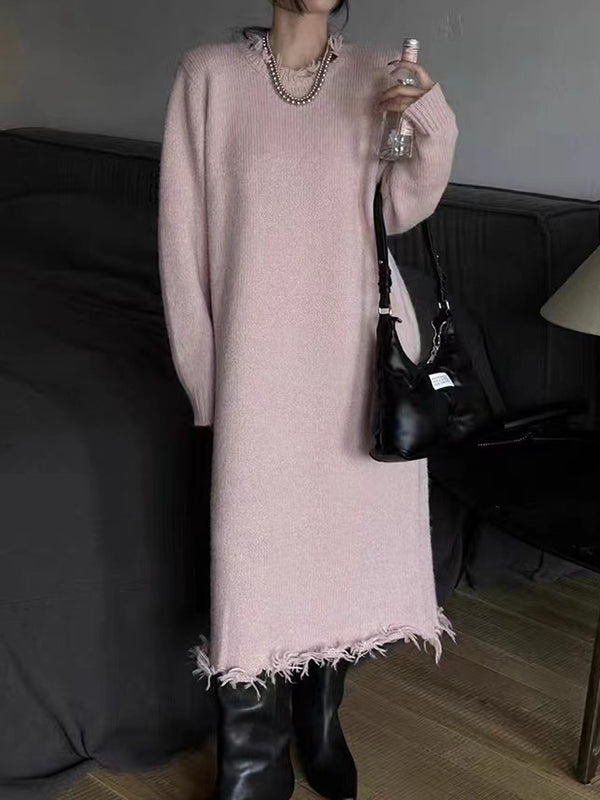 High Waisted Long Sleeves Fringed Color Round-neck Midi Dresses Sweater Dresses