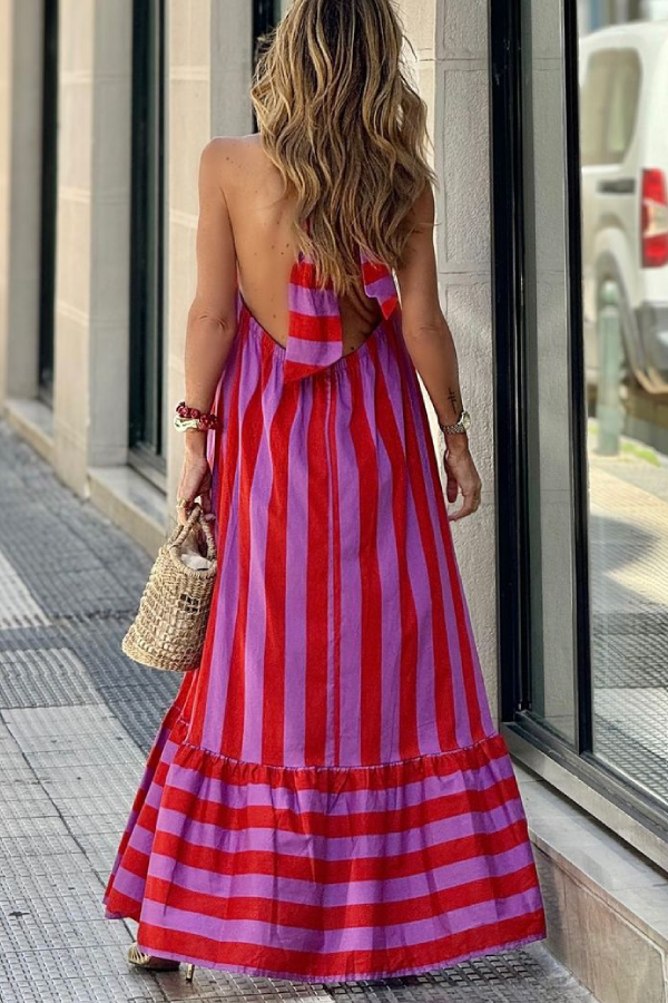 Red Striped Loose Backless Long Dress