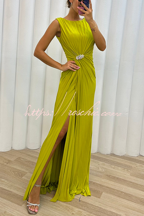 Special Pleated Embellished Slit Evening Maxi Dress