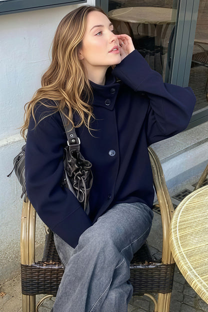 Wool Button High Collar Coat