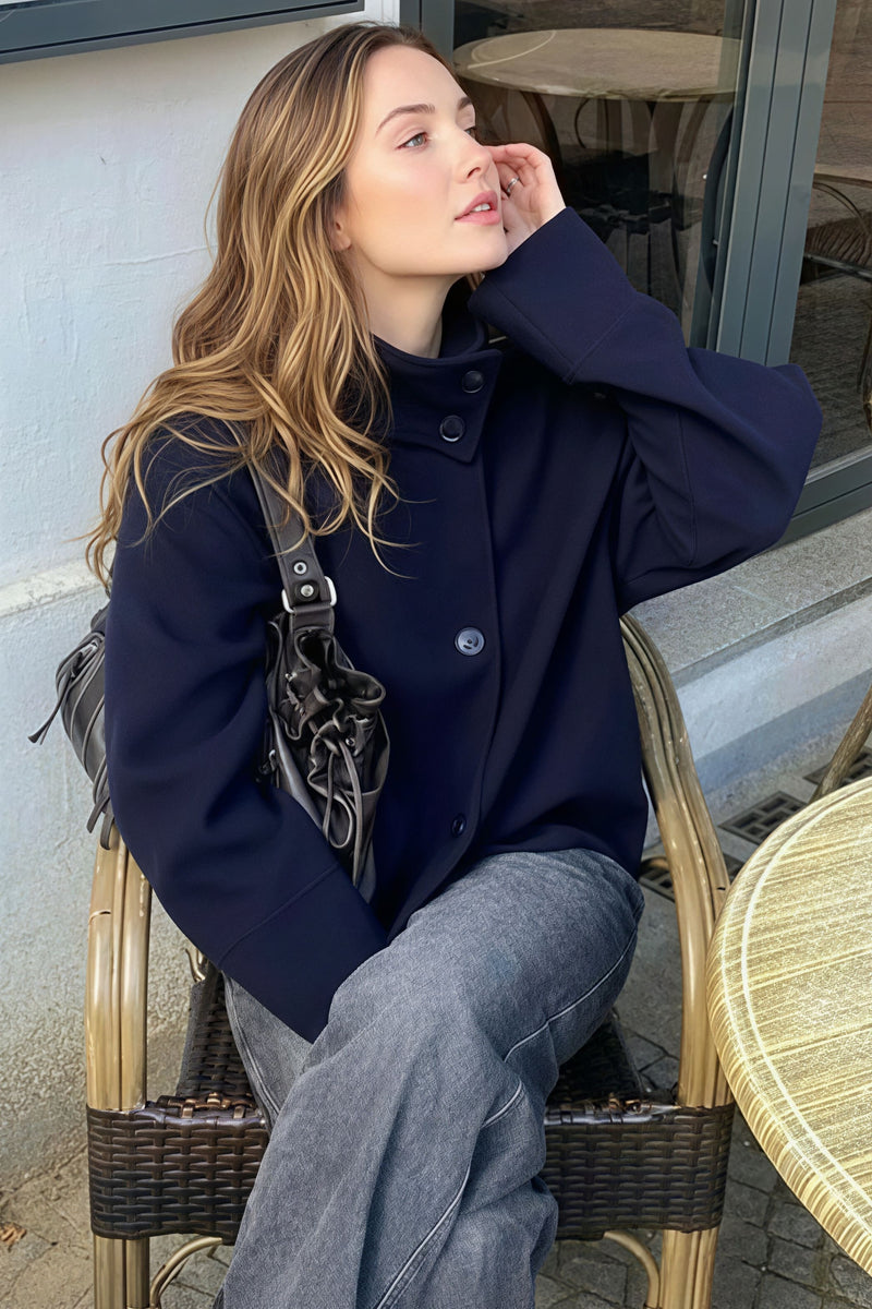 Wool Button High Collar Coat