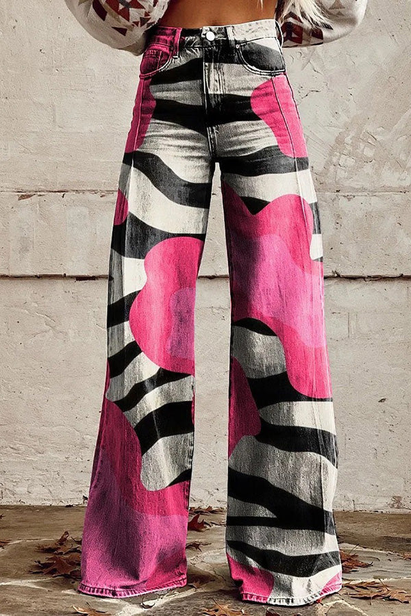 Unique Print Button Pocket Wide Leg Pants